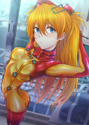 Rule 34 | 1girl, arms up, artist request, ass, bag, blue eyes, bodysuit, breasts, brown hair, curvy, evangelion: 2.0 you can (not) advance, gradient hair, hair between eyes, highres, long hair, looking at viewer, looking back, multicolored bodysuit, multicolored clothes, multicolored hair, neon genesis evangelion, plugsuit, rebuild of evangelion, red bodysuit, see-through, see-through bodysuit, shiny clothes, shiny skin, solo, souryuu asuka langley, test plugsuit, twintails, very long hair, wide hips