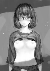 Rule 34 | 1girl, bad id, bad pixiv id, blush, breasts, clothes lift, cum, cum on body, cum on breasts, cum on eyewear, cum on hair, cum on upper body, facial, glasses, greyscale, highres, looking at viewer, monochrome, nipples, open mouth, original, puyo (puyotopia), shirt lift, short hair, solo