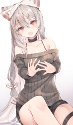 Rule 34 | 1girl, absurdres, black shorts, blush, breasts, brown neckwear, brown sweater, choker, cleavage, collarbone, cross, cross earrings, earrings, fujiwara no mokou, hair between eyes, hair ribbon, hands up, highres, hiiro60, jewelry, knee up, long hair, long sleeves, looking at viewer, off-shoulder sweater, off shoulder, open mouth, red eyes, ribbon, short shorts, shorts, silver hair, simple background, sitting, small breasts, solo, sweater, thigh strap, touhou, very long hair, white background