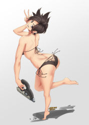 Rule 34 | 1girl, :d, alternate costume, arched back, artist name, ass, back, bad id, bad pixiv id, bare arms, bare legs, barefoot, bikini, black bikini, black eyes, black hair, butt crack, cross-laced clothes, ear piercing, earrings, freckles, from above, full body, gradient background, grey background, highres, holding, holding weapon, jewelry, leg lift, looking at viewer, open mouth, overwatch, overwatch 1, piercing, ringed eyes, short hair, side-tie bikini bottom, signature, smile, soles, solo, standing, standing on one leg, stormcow, swimsuit, toned, tracer (overwatch), v, weapon
