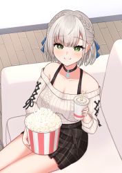 Rule 34 | 1girl, bare legs, bare shoulders, black choker, black skirt, blue ribbon, braid, breasts, choker, cleavage, closed mouth, couch, cross-laced clothes, cross-laced sleeves, drink, food, green eyes, hair ribbon, highres, hirayu721, holding, holding drink, holding food, hololive, large breasts, off-shoulder sweater, off shoulder, plaid, plaid skirt, popcorn, ribbed sweater, ribbon, shirogane noel, shirogane noel (casual), short hair, sitting, skirt, sleeves past elbows, smile, solo, sweater, virtual youtuber, white hair, white sweater
