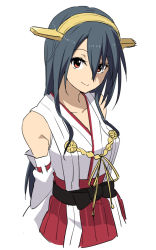 Rule 34 | 10s, 1girl, bare shoulders, black hair, brown eyes, collarbone, detached sleeves, hair between eyes, hairband, haruna (kancolle), headgear, kantai collection, leon (mikiri hassha), long hair, looking at viewer, nontraditional miko, red skirt, ribbon-trimmed sleeves, ribbon trim, skirt, smile, solo