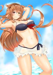 Rule 34 | 1girl, absurdres, armpits, bad id, bad pixiv id, blush, breasts, brown hair, commentary request, from below, gradient hair, hair ornament, hand in own hair, heterochromia, highres, kantai collection, large breasts, light brown hair, long hair, looking back, matsu (matsubozu867), medium breasts, midriff, multicolored hair, murasame (kancolle), navel, red eyes, sailor bikini, sailor collar, smile, solo, standing, swimsuit, two side up, underboob, yellow eyes