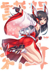 Rule 34 | 1girl, ass, black eyes, black gloves, black hair, detached sleeves, flat chest, gloves, headgear, japanese clothes, long hair, long sleeves, looking at viewer, miko, nidy, open mouth, original, smile, solo, white legwear, wide sleeves