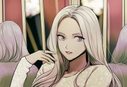 Rule 34 | 1girl, animification, blonde hair, close-up, commentary request, dress, eunha (gfriend), gfriend, izzi315, jewelry, k-pop, korean commentary, long hair, long sleeves, looking to the side, loose hair strand, makeup, mascara, mirror, pink lips, real life, reflection, ring, solo, upper body, white nails