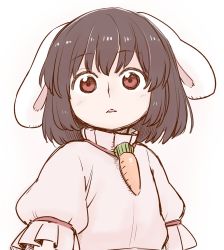 Rule 34 | 1girl, animal ears, brown hair, carrot necklace, inaba tewi, jewelry, looking at viewer, necklace, parted lips, pink shirt, poronegi, puffy short sleeves, puffy sleeves, rabbit ears, red eyes, sanpaku, shirt, short hair, short sleeves, simple background, solo, touhou, upper body, white background, wide-eyed