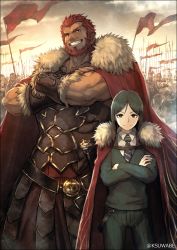 Rule 34 | 6+boys, armor, army-san, beard, belt, black hair, brown eyes, cloak, commentary request, crossed arms, facial hair, fate/zero, fate (series), flag, fur-trimmed cloak, fur trim, green sweater, grin, height difference, helmet, iskandar (fate), k-suwabe, male focus, multiple boys, muscular, mustache, necktie, pants, red eyes, red hair, shield, smile, standing, striped clothes, striped pants, sweater, twitter username, waver velvet, wrist cuffs