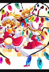 Rule 34 | 3girls, ascot, bad id, bad pixiv id, blonde hair, clone, crystal, female focus, flandre scarlet, fumiko (miruyuana), hat, hat ribbon, highres, multiple girls, open mouth, puffy sleeves, red eyes, ribbon, short hair, short sleeves, side ponytail, touhou, wings