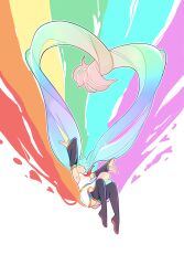 Rule 34 | 1girl, absurdly long hair, absurdres, black sleeves, black thighhighs, boots, closed eyes, detached sleeves, facing up, grin, hatsune miku, heart, highres, lgbt pride, long hair, multicolored background, multicolored hair, paranoid ghosts, pride month, rainbow hair, shirt, skirt, smile, solo, teeth, thigh boots, thighhighs, very long hair, vocaloid, white background, white shirt, white skirt