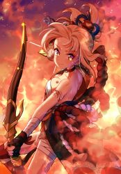 Rule 34 | 1girl, a01macaron, back, bandaged arm, bandages, bare back, blonde hair, bow (weapon), breasts, chest tattoo, choker, cleavage, earrings, fire, genshin impact, glint, hadanugi dousa, hair ornament, highres, japanese clothes, jewelry, kimono, looking at viewer, multicolored eyes, open clothes, open kimono, outstretched arm, ponytail, red choker, sarashi, single earring, smile, solo, sweat, tattoo, weapon, yoimiya (genshin impact)