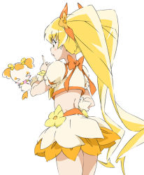 Rule 34 | 10s, 1girl, blonde hair, bow, cure sunshine, from behind, hair ribbon, heartcatch precure!, long hair, magical girl, midriff, myoudouin itsuki, orange bow, orange skirt, orange theme, potpourri (heartcatch precure!), precure, ribbon, skirt, twintails, umanosuke, white background
