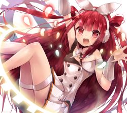 Rule 34 | 1girl, :d, arm up, bad id, bad pixiv id, beatmania, beatmania iidx, blush, detached collar, gears, glowing, headphones, highres, long hair, looking at viewer, open mouth, petals, pleated skirt, red eyes, red hair, rushin, shirt, silhouette, skirt, sleeveless, sleeveless shirt, smile, solo, thigh strap, two side up, umegiri ameto, very long hair, white background, white skirt
