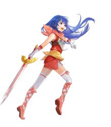 Rule 34 | 1girl, aged down, armor, bare shoulders, blue eyes, blue hair, caeda (fire emblem), dress, female focus, fire emblem, fire emblem: mystery of the emblem, fire emblem heroes, full body, gloves, hakou (barasensou), highres, holding, holding sword, holding weapon, long hair, matching hair/eyes, nintendo, official art, short dress, sleeveless, solo, sword, thighhighs, transparent background, weapon, white gloves, white thighhighs