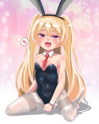 Rule 34 | 1girl, absurdres, alternate costume, animal ears, azur lane, bache (azur lane), black leotard, blonde hair, blush, breasts, collar, commentary request, detached collar, fake animal ears, full body, grey pantyhose, heart, highres, igarashi gozo, leotard, long hair, looking at viewer, necktie, open mouth, pantyhose, playboy bunny, purple eyes, rabbit ears, red necktie, small breasts, smile, solo, sparkle background, spoken heart, strapless, strapless leotard, twintails, very long hair, white collar, wrist cuffs