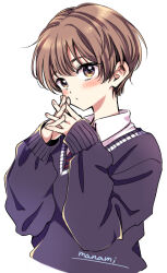 Rule 34 | 1girl, artist name, blush, brown eyes, brown hair, closed mouth, collared shirt, commentary request, cropped torso, diagonal-striped clothes, diagonal-striped necktie, grey sweater, hands up, long sleeves, looking at viewer, necktie, original, own hands together, school uniform, shirt, short hair, signature, simple background, solo, steepled fingers, striped clothes, striped necktie, sugano manami, sweater, upper body, white background, white shirt