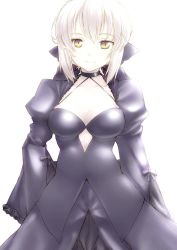 Rule 34 | 1girl, artoria pendragon (all), artoria pendragon (fate), black bow, black choker, black dress, blonde hair, bow, braid, breasts, choker, cleavage, cleavage cutout, closed mouth, clothing cutout, commentary request, cowboy shot, dress, fate (series), french braid, hair bow, hair bun, hand on own hip, light smile, long dress, long sleeves, looking at viewer, medium breasts, puffy sleeves, saber alter, shiromitsu suzaku, short hair, simple background, single hair bun, slit pupils, solo, standing, white background, yellow eyes