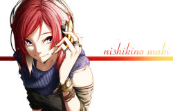 Rule 34 | 10s, 1girl, black shirt, character name, closed mouth, from above, hair between eyes, hand on headphones, headphones, highres, jewelry, looking away, looking to the side, love live!, love live! school idol project, nishikino maki, off-shoulder shirt, off shoulder, purple eyes, red hair, ring, scarf, shirt, short hair, smile, solo, swept bangs, upper body, vice (kuronekohadokoheiku), white background