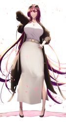 Rule 34 | 1girl, arm up, bag, belt, breasts, casual, cherry blossoms, cleavage, eyewear on head, fate/grand order, fate (series), hair intakes, handbag, high heels, highres, jacket, jewelry, large breasts, long hair, long skirt, long sleeves, necklace, one eye closed, purple hair, red eyes, scathach (fate), shiroshisu, simple background, skirt, smile, solo, sunglasses, very long hair