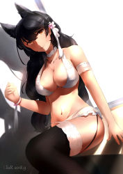 Rule 34 | 1girl, absurdres, animal ears, arm support, atago (azur lane), atago (summer march) (azur lane), azur lane, bare shoulders, bikini, black hair, black thighhighs, blush, breasts, brown eyes, cleavage, closed mouth, collarbone, dated, day, extra ears, flower, garter straps, groin, hair flower, hair ornament, hair ribbon, halterneck, hand up, highres, indoors, knee up, lace, lace-trimmed legwear, lace trim, large breasts, light smile, long hair, looking at viewer, mochigome (fatelly), mole, mole under eye, navel, ribbon, sidelocks, sitting, smile, solo, stomach, swept bangs, swimsuit, thighhighs, white bikini, white ribbon, wristband