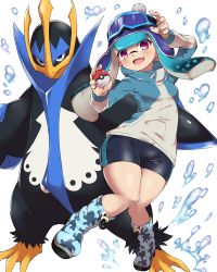 Rule 34 | 1girl, adjusting goggles, bike shorts, black shorts, blue footwear, blue hair, blue headwear, blue jacket, blunt ends, bobblehat, boots, camouflage footwear, commentary, company connection, creatures (company), empoleon, fang, game freak, gen 4 pokemon, goggles, goggles on headwear, highres, holding, holding poke ball, inkling, inkling girl, inkling player character, jacket, long hair, long sleeves, looking at viewer, mask, nintendo, open mouth, penguin maru (penginmaru), pointy ears, poke ball, poke ball (basic), pokemon, pokemon (creature), print footwear, purple eyes, shorts, single vertical stripe, smile, splashing, standing, tentacle hair