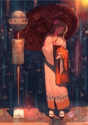 Rule 34 | bad id, bad twitter id, blonde hair, bukimi isan, bus stop, flower, full body, hair flower, hair ornament, highres, japanese clothes, kimono, looking at viewer, rain, sandals, shy (series), smile, solo