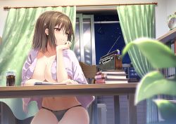 Rule 34 | black panties, blurry, blurry foreground, blush, breasts, brown eyes, brown hair, cowboy shot, depth of field, game cg, glint, head rest, indoors, kosumo akina, large breasts, mirai radio to jinkou hato, navel, night, panties, radio, shimofuri, short hair, sitting, smile, solo, towel, towel around neck, underwear, underwear only, wet, wet hair