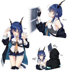 Rule 34 | 1girl, 1other, ^^^, arknights, arm across chest, arm up, black shorts, blue hair, book, bookshelf, ch&#039;en (arknights), closed eyes, closed mouth, collared shirt, commentary request, doctor (arknights), dragon girl, dragon horns, dragon tail, grabbing, grabbing another&#039;s breast, grabbing from behind, hair between eyes, hair over shoulder, hand up, highres, holding, holding book, hood, hood up, hooded jacket, horns, jacket, lily0428, long hair, low twintails, necktie, open mouth, red eyes, shirt, short shorts, shorts, simple background, sleeveless, sleeveless shirt, tail, translation request, trembling, twintails, white background, white shirt, yellow necktie