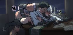 Rule 34 | 2boys, ahegao, anal, ass, bent over, black hair, blush, cum, ejaculation, fingerless gloves, full-face blush, gloves, grabbing, grabbing from behind, grey hair, hatake kakashi, highres, indoors, male focus, male penetrated, moaning, multiple boys, naruto (series), naruto shippuuden, nipples, nsfwbutter, penis, saliva, scar, scar on face, sex, sex from behind, short hair, sweat, toned, tongue, tongue out, uchiha obito, yaoi