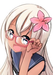 Rule 34 | 10s, 1girl, bad id, bad pixiv id, blonde hair, blue eyes, glasses, kantai collection, long hair, nekobaka, open mouth, ro-500 (kancolle), solo, teeth, tongue, white background