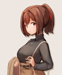 Rule 34 | 1girl, black sweater, brown eyes, brown hair, brown skirt, commentary request, grey background, hair ribbon, highres, ise (kancolle), kantai collection, looking at viewer, official alternate costume, ponytail, ribbon, short hair, simple background, skirt, solo, sweater, upper body, wss (nicoseiga19993411)