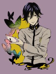 Rule 34 | 1boy, asawa (dm owr), bad id, bad pixiv id, black hair, bug, butterfly, crossed arms, earrings, insect, jewelry, male focus, mask, persona, persona 1, purple background, school uniform, simple background, single earring, smile, solo, toudou naoya, upper body