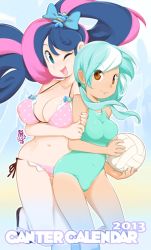 Rule 34 | 10s, 2013, 2girls, arm grab, artist request, ball, bikini, bonbon (my little pony), breasts, cover, cover page, green eyes, green hair, hair ornament, hair ribbon, holding, holding ball, large breasts, leg up, long hair, lyra heartstrings, multicolored hair, multiple girls, my little pony, my little pony: friendship is magic, one-piece swimsuit, one eye closed, personification, ponytail, ribbon, slippers, smile, swimsuit, twintails, two-tone hair, very long hair, volleyball (object), wink, yellow eyes
