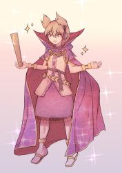 Rule 34 | 1girl, absurdres, belt, bracelet, brown eyes, brown hair, cape, earmuffs, full body, gradient background, highres, jewelry, kalejdodatabase, looking at viewer, open mouth, pointy hair, purple cape, purple skirt, ring, ritual baton, sandals, short hair, skirt, solo, star (symbol), touhou, toyosatomimi no miko, urban legend in limbo, white background