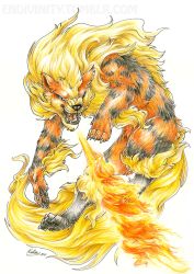 Rule 34 | 2015, arcanine, breath weapon, breathing fire, creatures (company), endivinity, fangs, fire, full body, game freak, gen 1 pokemon, mane, nintendo, no humans, pokemon, pokemon (creature), pokemon rgby, realistic, sharp teeth, signature, simple background, solo, teeth, traditional media, white background