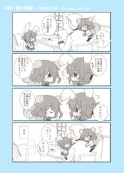 Rule 34 | &gt; &lt;, ^^^, 10s, 1boy, 2girls, admiral (kancolle), animal ears, blush, rabbit ears, rabbit tail, comic, commentary request, dated, desk, closed eyes, fang, folded ponytail, hair ornament, hairclip, ikazuchi (kancolle), inazuma (kancolle), indoors, kantai collection, kemonomimi mode, monochrome, multiple girls, nanodesu (phrase), narita rumi, open mouth, pantyhose, school uniform, serafuku, short hair, sitting, sitting on person, skirt, spot color, squirrel ears, squirrel tail, tail, translation request, twitter username