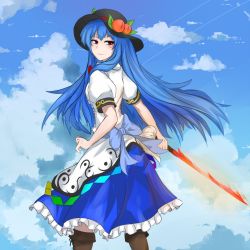 Rule 34 | 1girl, blouse, blue hair, boots, bow, brown footwear, closed mouth, cowboy shot, cross-laced footwear, day, food, frills, fruit, hat, hinanawi tenshi, holding, jpeg artifacts, knee boots, leaf, leisss, long hair, looking at viewer, looking back, neck ribbon, pan-ooh, peach, puffy short sleeves, puffy sleeves, rainbow order, red eyes, ribbon, shirt, shoes, short sleeves, sky, smile, smirk, smug, solo, standing, sword of hisou, thighhighs, touhou, upper body, white shirt, zettai ryouiki