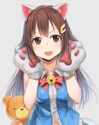 Rule 34 | 1girl, absurdres, animal ears, animal hands, ankimo (tokino sora), bell, blue vest, blush, bow, breasts, brown eyes, brown hair, cat ears, collarbone, collared shirt, commentary request, gloves, grey background, hair between eyes, hair flaps, hair ornament, hairclip, hands up, head tilt, highres, hololive, hoshimiya aki, jingle bell, long hair, looking at viewer, medium breasts, open mouth, paw gloves, red bow, shirt, simple background, sleeveless, sleeveless shirt, solo, stuffed animal, stuffed toy, teddy bear, teeth, tokino sora, tokino sora (old design), upper teeth only, v-shaped eyebrows, very long hair, vest, virtual youtuber, white shirt