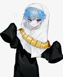 Rule 34 | !?, 1boy, black dress, blue eyes, blue hair, blush, commentary, cosplay, cowboy shot, dress, fate/extra, fate/extra ccc, fate/grand order, fate (series), habit, hands up, hans christian andersen (fate), highres, jewelry, long sleeves, looking at viewer, male focus, necklace, parted lips, pith u, sessyoin kiara, sesshouin kiara (cosplay), simple background, solo, standing, sweatdrop, symbol-only commentary, veil, white background, wide sleeves