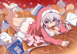 Rule 34 | 10s, 1girl, ahoge, animal hood, bare legs, barefoot, bloomers, blush, breasts, cleavage, closed mouth, commentary request, crumbs, drinking straw, eating, food, full body, hair ribbon, hood, hoodie, large breasts, light purple hair, long hair, looking at viewer, lying, milk carton, on stomach, oversized object, pajamas, pillow, purple eyes, rabbit hood, ribbon, senki zesshou symphogear, shiny skin, solo, stuffed animal, stuffed rabbit, stuffed toy, twintails, uganda (ugandam 00), underwear, yukine chris