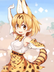 Rule 34 | 10s, 1girl, :d, animal ears, asutora, bare shoulders, blonde hair, blush, bow, bowtie, commentary request, cowboy shot, elbow gloves, gloves, hand up, high-waist skirt, kemono friends, looking at viewer, open mouth, orange bow, orange bowtie, orange eyes, orange skirt, serval (kemono friends), serval print, serval tail, short hair, skirt, smile, solo, tail