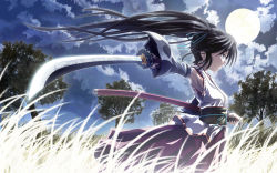 Rule 34 | black hair, blue eyes, detached sleeves, from below, from side, full moon, grass, hair ribbon, hatsune miku, japanese clothes, k2pudding, katana, long hair, moon, night, ribbon, solo, sword, twintails, vocaloid, wallpaper, weapon, wind