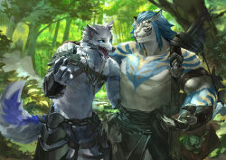 Rule 34 | 2boys, absurdres, animal ears, arm around neck, armor, bag, blue hair, blue sclera, braid, chest strap, claws, colored sclera, facial mark, fangs, fantasy, faulds, forest, furry, furry male, grey fur, grin, hand on another&#039;s shoulder, highres, jewelry, kuro dora, male focus, multiple boys, muscular, muscular male, nature, navel, necklace, one eye closed, original, pectorals, sharp teeth, shoulder bag, smile, stomach, teeth, topless, tree, twintails, yellow sclera