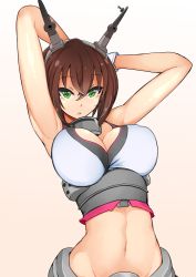 Rule 34 | 1girl, armpits, arms behind head, arms up, breasts, brown hair, cleavage, collar, gloves, green eyes, hair between eyes, headgear, kantai collection, large breasts, looking at viewer, metal belt, midriff, mutsu (kancolle), nac000, navel, pink background, short hair, simple background, solo, upper body, white gloves