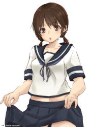 Rule 34 | 1girl, :o, blue skirt, blush, brown eyes, brown hair, clothes lift, dated, highres, kantai collection, lifted by self, looking at viewer, low twintails, midriff, navel, parted bangs, pleated skirt, school uniform, serafuku, shirayuki (kancolle), short sleeves, short twintails, simple background, skirt, skirt lift, solo, timato, twintails, twitter username, white background