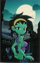 Rule 34 | &gt;:), 1girl, bare shoulders, breasts, building, cloud, colored skin, crop top, from side, full moon, green eyes, green hair, green skin, groin, hairband, looking at viewer, looking back, lowleg, lowleg shorts, lowres, matching hair/eyes, medium breasts, midriff, monster girl, moon, night, night sky, outdoors, rottytops, scan, scan artifacts, shantae (series), shorts, sideboob, sky, narrow waist, smile, solo, spiked hair, standing, stitches, tank top, torn clothes, upper body, v-shaped eyebrows, wayforward, zombie