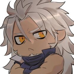 Rule 34 | 1boy, alchemy stars, bags under eyes, bara, beard, character request, chibi, dark-skinned male, dark skin, facial hair, frown, long hair, looking at viewer, male focus, mature male, pectoral lift, sdz (inazuma), solo, thick eyebrows, upper body, yellow eyes