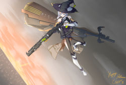 Rule 34 | 1girl, absurdres, artist name, black hat, blue eyes, boots, breasts, cleavage, cleavage cutout, clothing cutout, dated, flying, gun, hair between eyes, happy halloween, hat, highres, holding, holding gun, holding weapon, leotard, mecha musume, medium breasts, medium hair, original, science fiction, solo, uhen, weapon, white footwear, white hair, witch, witch hat