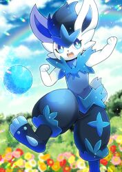 Rule 34 | :d, alternate color, alternate shiny pokemon, animal ears, ball, black pants, blue eyes, blue shirt, blue sky, blurry, blurry background, cinderace, cloud, cloudy sky, commentary request, commission, creatures (company), day, depth of field, flower, game freak, gen 8 pokemon, kou hiyoyo, nintendo, open mouth, orange flower, outdoors, pants, pink flower, pokemon, pokemon (creature), puffy pants, rabbit ears, rabbit tail, rainbow, red flower, shirt, skeb commission, sky, sleeveless, sleeveless shirt, smile, solo, standing, standing on one leg, tail, white flower, yellow flower