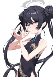 Rule 34 | 1girl, absurdres, bare shoulders, black dress, black hair, blue archive, blush, braid, braided bun, china dress, chinese clothes, closed mouth, commentary request, double bun, dragon print, dress, fellatio gesture, grey eyes, grey halo, hair bun, halo, hands up, highres, kisaki (blue archive), kurageumisawa, long hair, looking at viewer, print dress, short dress, side slit, simple background, sleeveless, sleeveless dress, solo, twintails, upper body, very long hair, white background