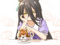 Rule 34 | 2girls, = =, agnes tachyon (umamusume), ahoge, animal ears, black hair, blush, blush stickers, brown hair, closed mouth, collarbone, cup, earrings, hair between eyes, highres, horse ears, jewelry, long hair, looking at another, manhattan cafe (umamusume), mini person, minigirl, multiple girls, puffy short sleeves, puffy sleeves, punto, purple shirt, sailor collar, saucer, school uniform, shirt, short sleeves, single earring, smile, split mouth, table, teacup, tracen school uniform, umamusume, yellow eyes